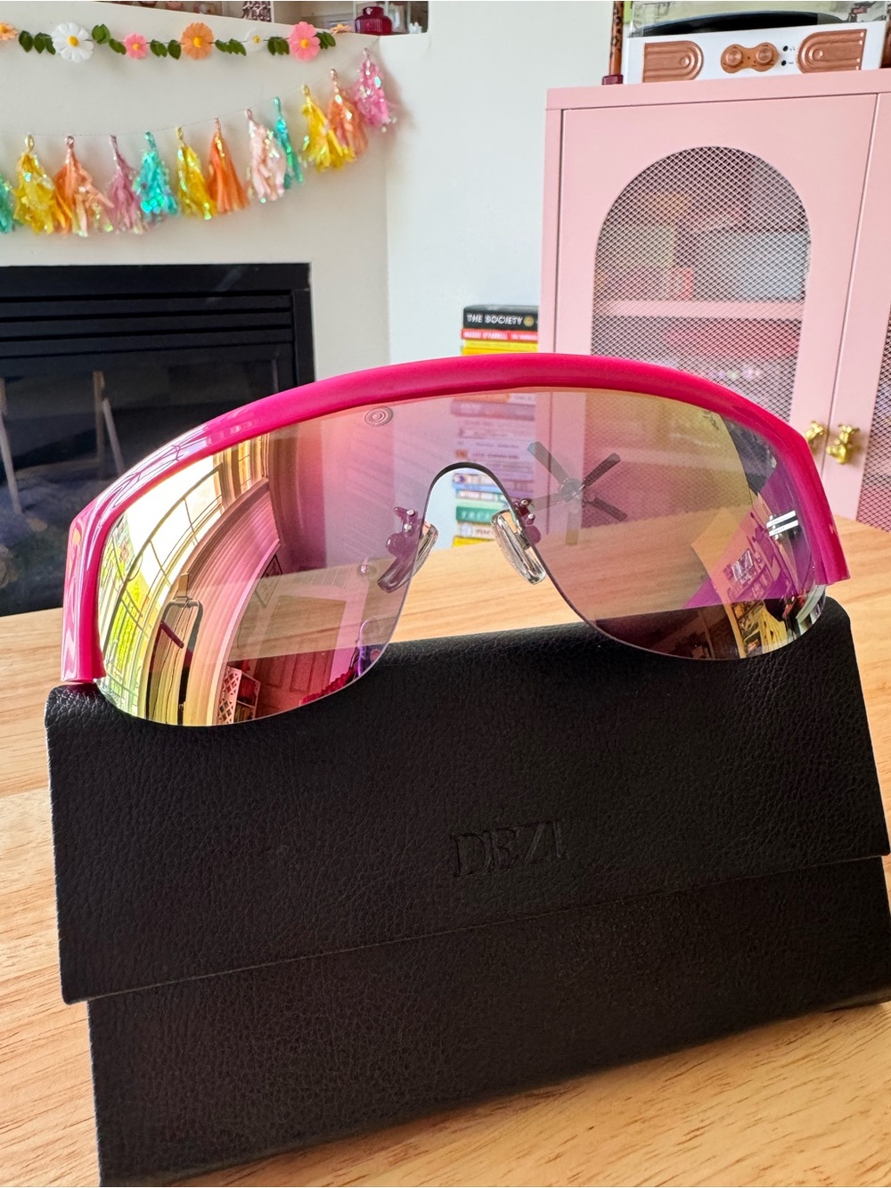 DEZI Shield Sunglasses in Pink with Mirrored Lenses - Picture 7 of 8
